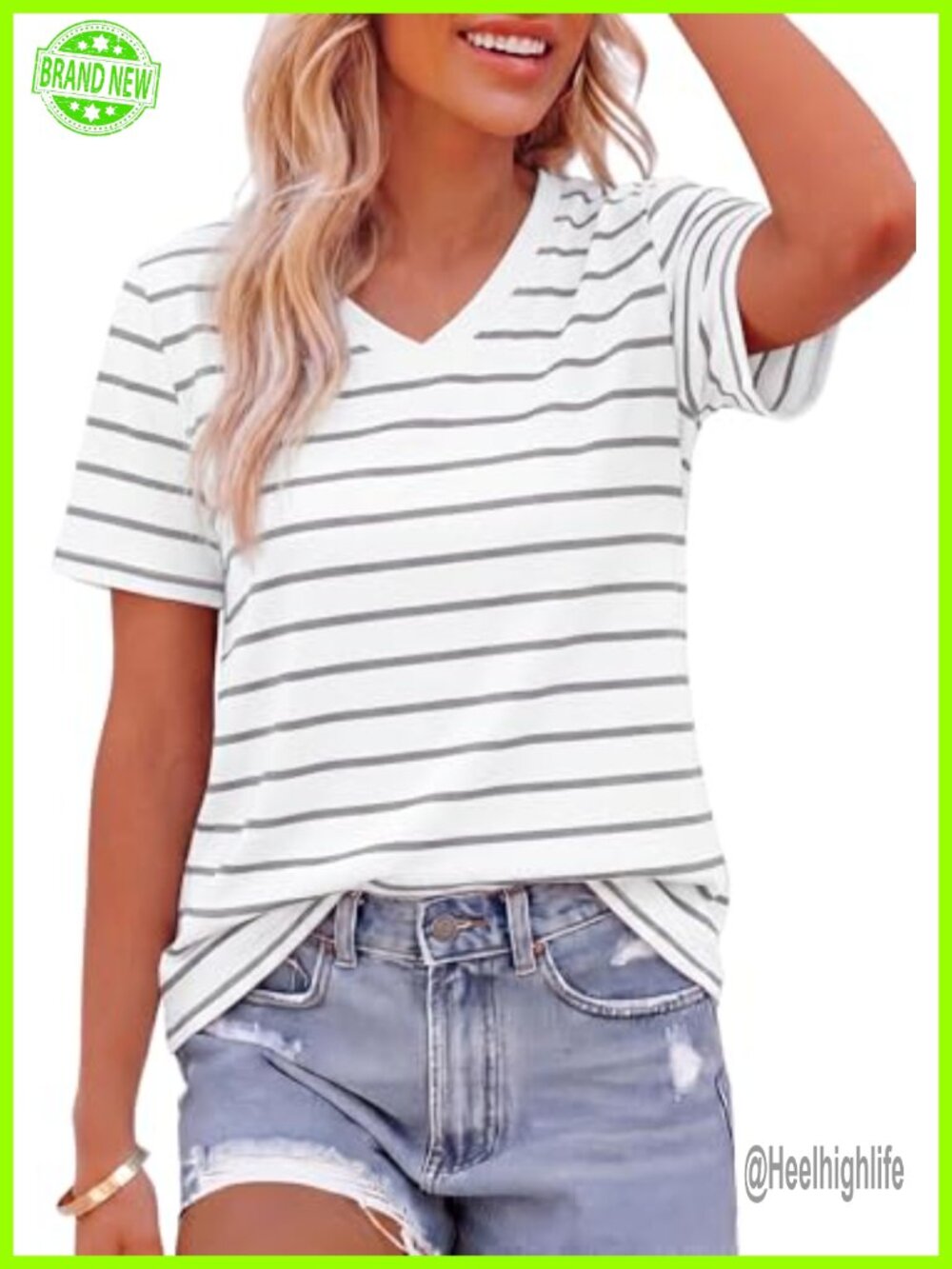 Striped Short Sleeve V-Neck T-Shirt Relaxed Fit Casual Summer Top